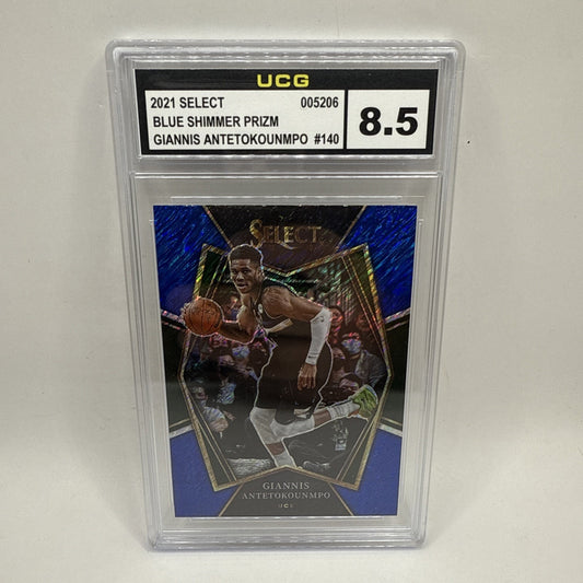 2021-22 Panini Select Premier Giannis Antetokounmpo Blue Shimmer Prizm #140