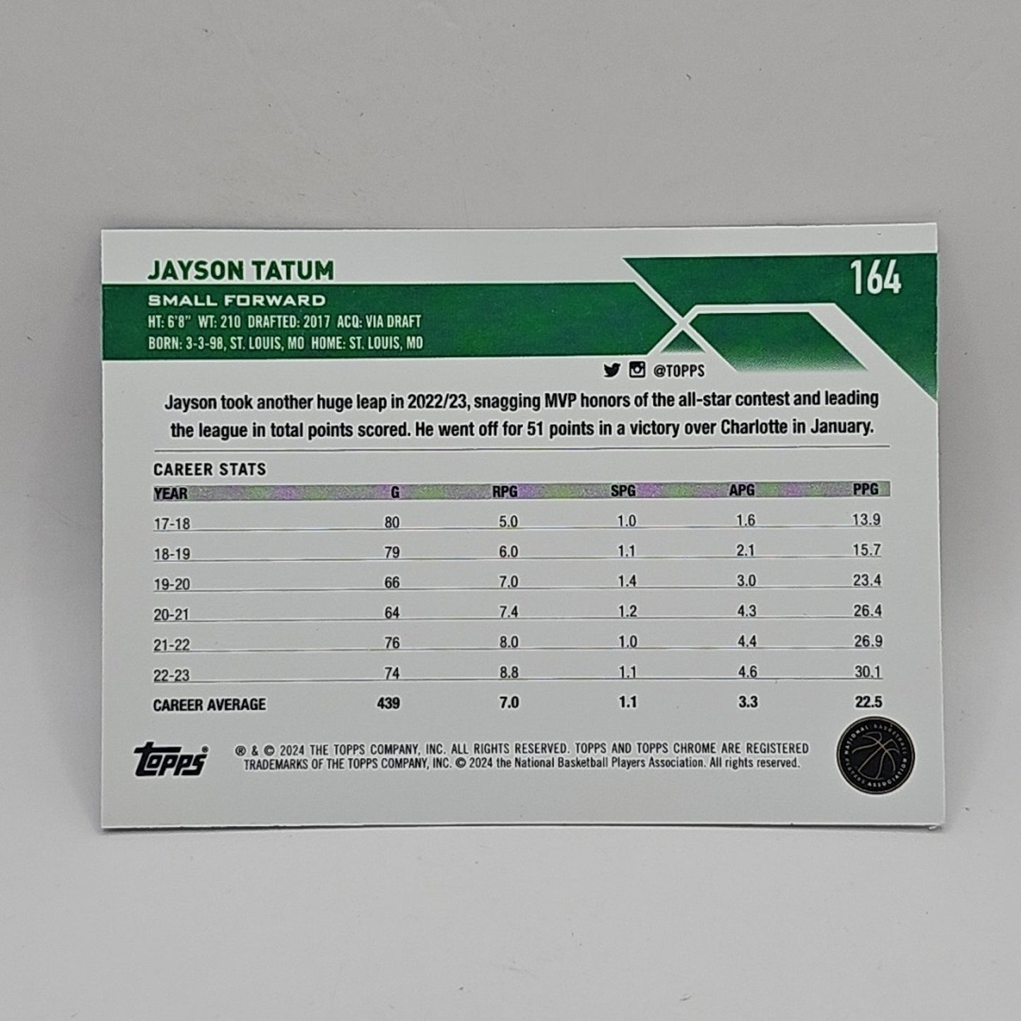 2023-24 Jayson Tatum #164 Topps Chrome Blue Cracked Ice | Celtics