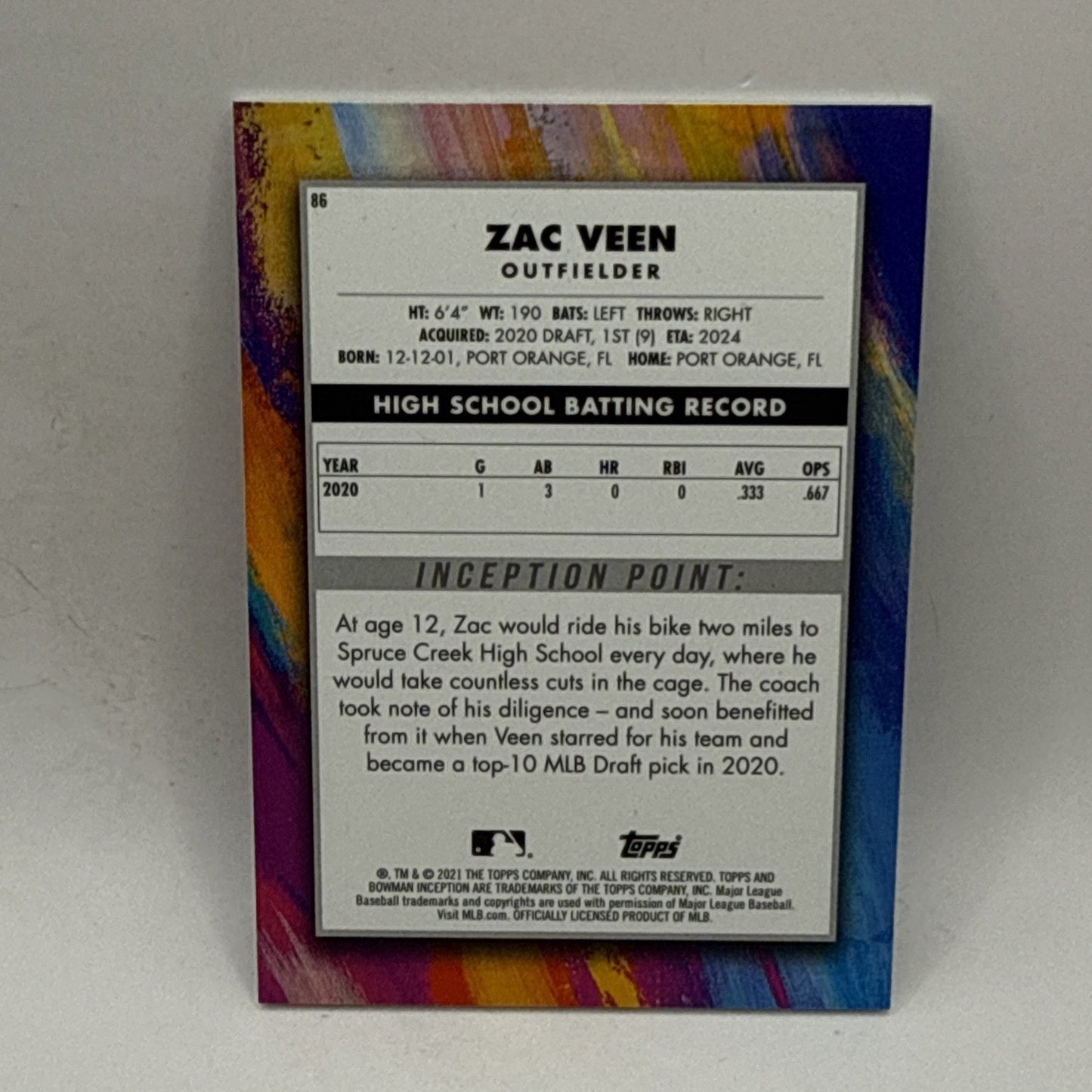 Zac Veen 2021 Bowman Inception #86 Colorado Rockies Prospect MLB Thick Card