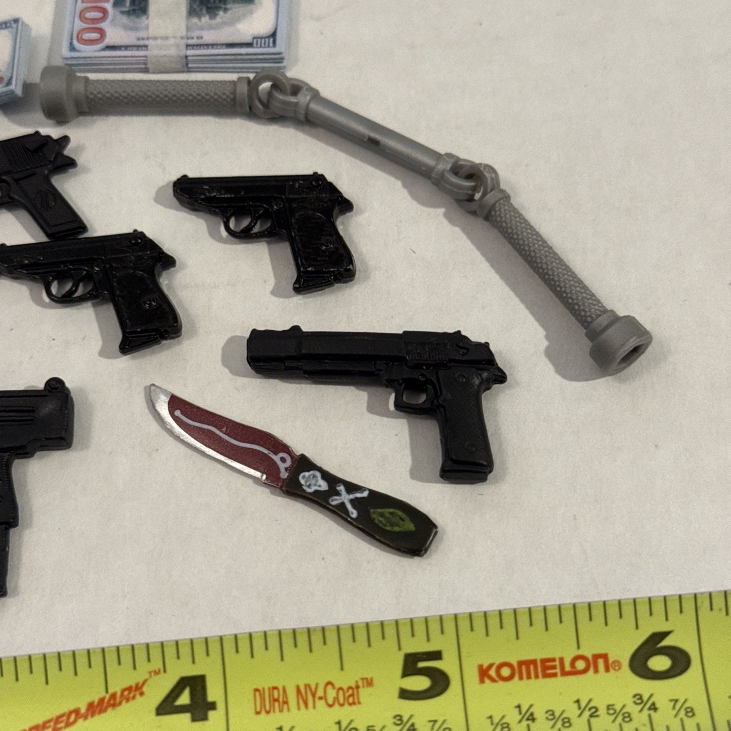 Lot Of Toy Action Figure Weapons, Nun Chucks, Play Money - Play Set Accessories