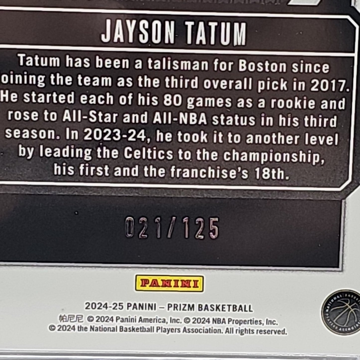 2024-25 Prizm Jayson Tatum Talismen Blue Ice Prizm SP /125 Graded 9 Foil Holo