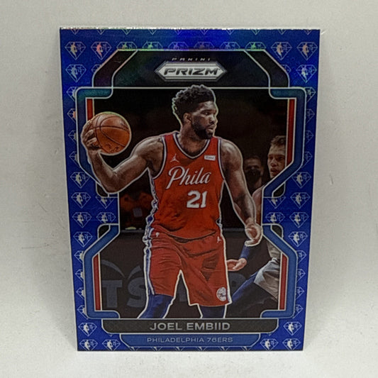 2021-22 Panini Prizm #176 Joel Embiid 75th Anniversary Blue Diamond Logo