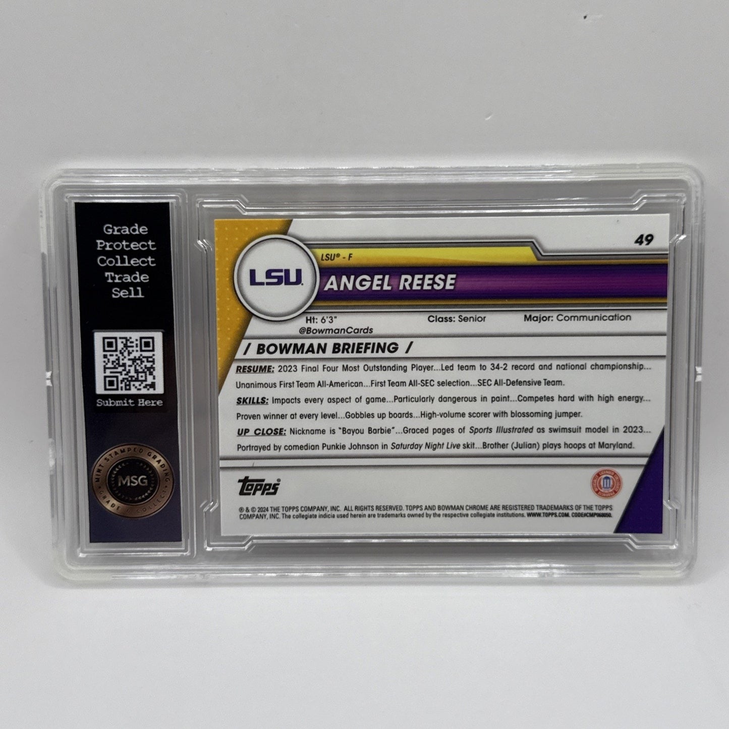 2023-24 Bowman Chrome U Angel Reese 1st Bowman RC #49 LSU Chicago Sky Graded 10