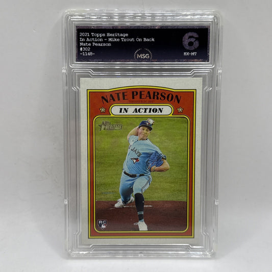 Nate Pearson In Action RC 2021 TOPPS Heritage Rookie & Mike Trout #302 Graded 6