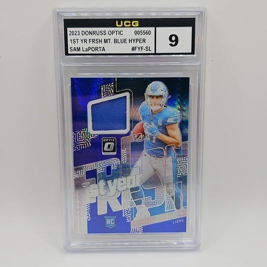 2023 Optic Sam LaPorta First Year Fresh Relic HYPER PRIZM NFL Graded 9 #FYFSL