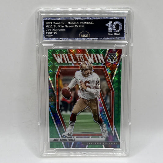2021 Panini Mosaic - Will to Win Mosaic Green Prizm #WW-16 Joe Montana Graded 10