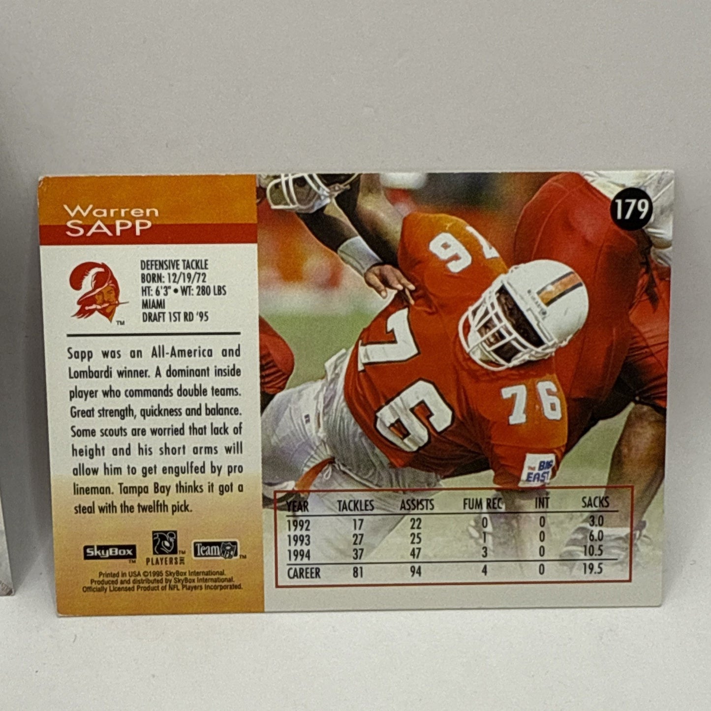 1995 SkyBox Warren Sapp ROOKIE Tampa Bay Buccaneers #179 HOF