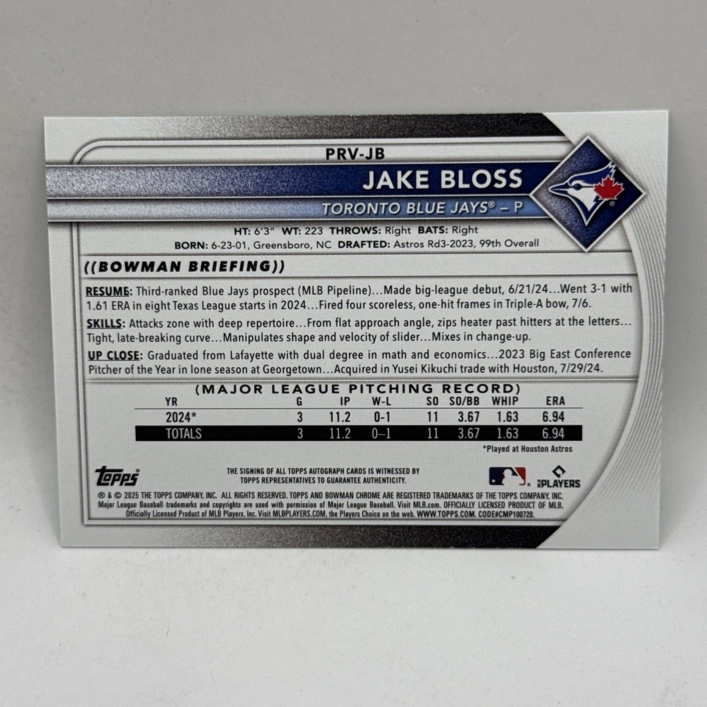 2025 Bowman Jake Bloss RC Rookie Green Paper #'d/99 AUTO #PRV-JB Blue Jays