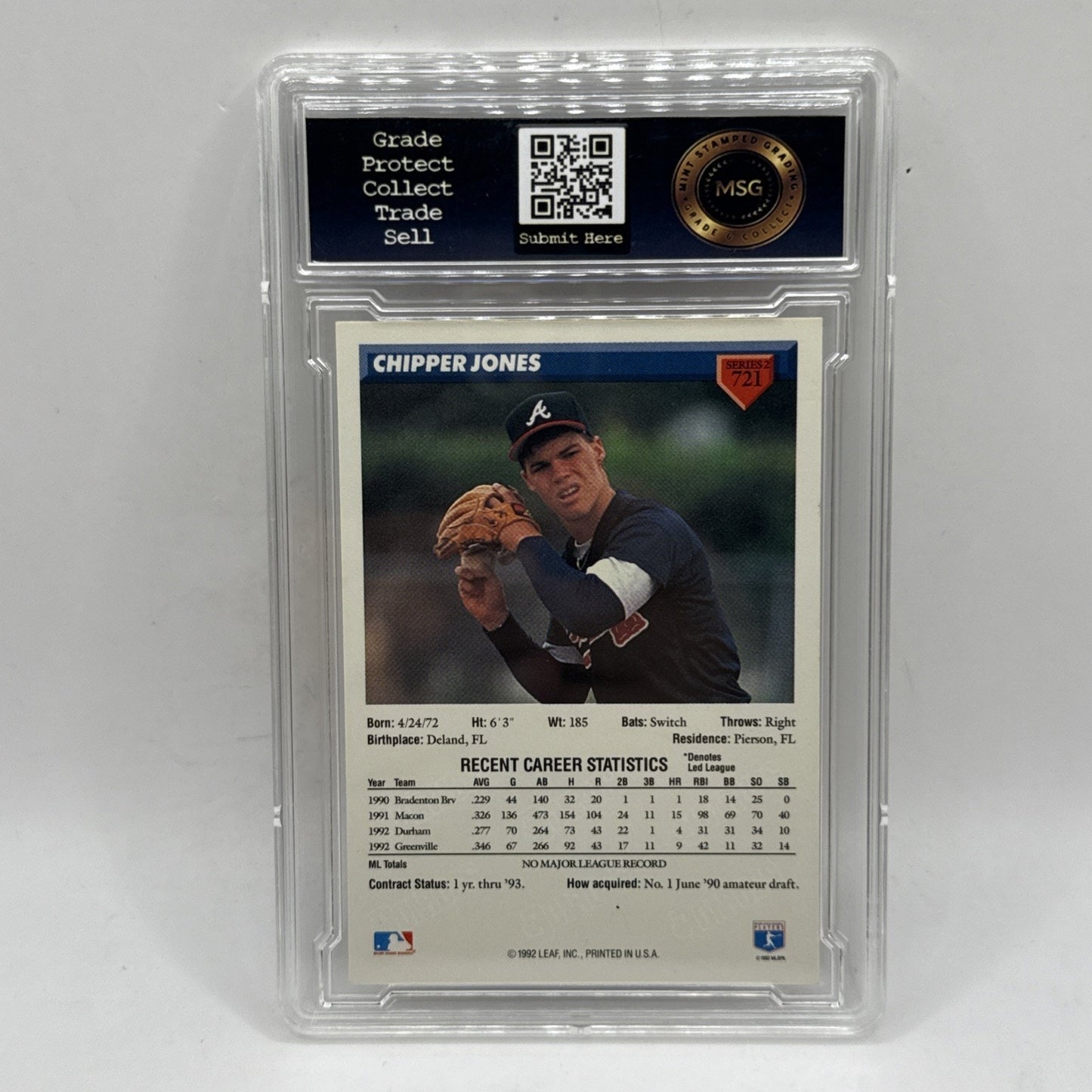 1993 DONRUSS CHIPPER JONES RATED ROOKIE #721 ATLANTA BRAVES HOF GRADED 6 MLB