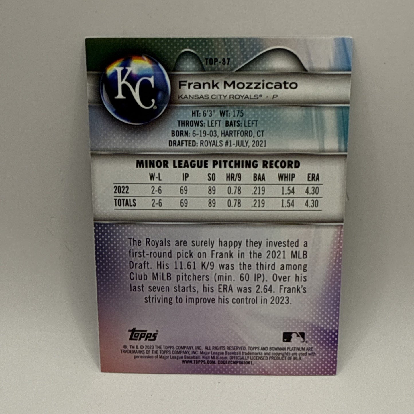 Frank Mozzicato - KC Royals - RARE /99 - 2023 Bowman Platinum GREEN ICE #TOP-87