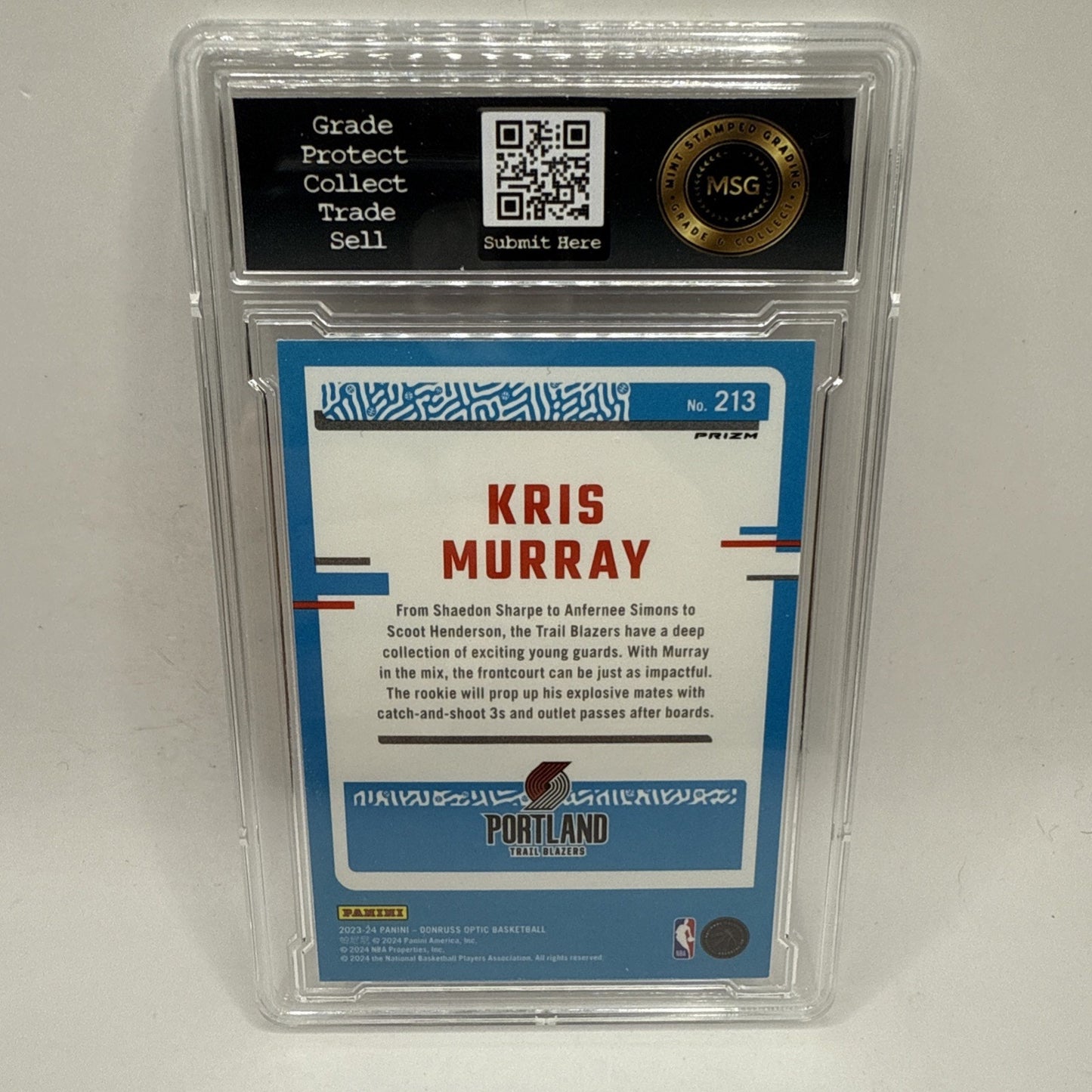 2023-24 Panini Donruss Optic Kris Murray 213 Rated Rookie Purple Shock Rc Graded