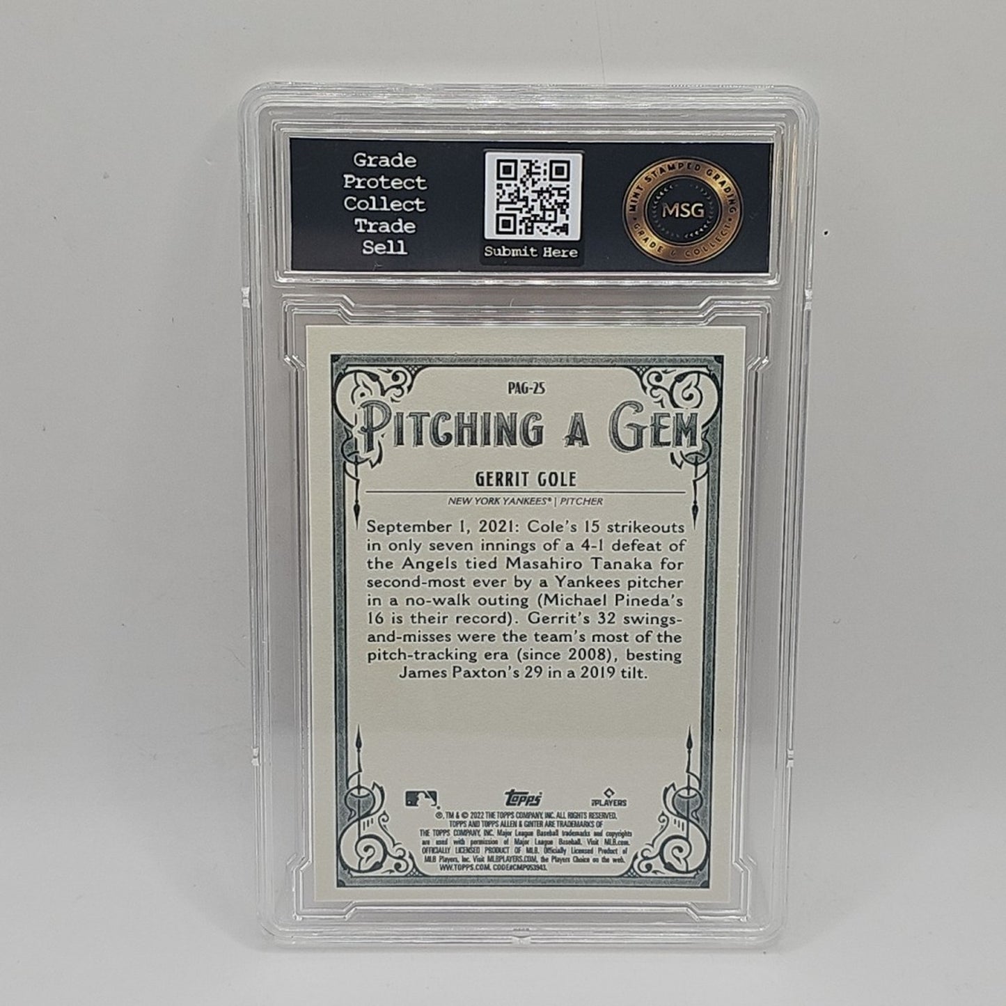 Gerrit Cole - 2022 Topps Allen & Ginter Pitching a Gem #PAG-25 Yankees Graded 9