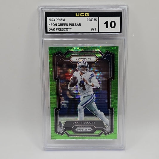 2023 Panini Prizm #73 Dak Prescott Neon Green Pulsar Graded 10 Gem Mint NFL Card