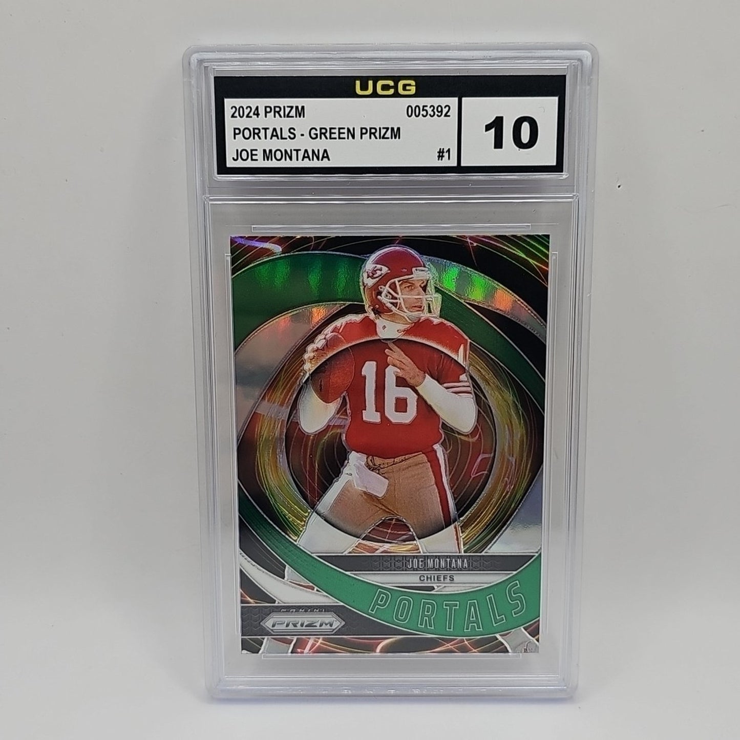 2024 Panini Prizm JOE MONTANA #1 Portals Green Prizm - Kansas City Chiefs Graded