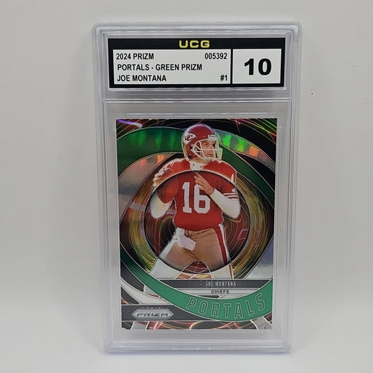 2024 Panini Prizm JOE MONTANA #1 Portals Green Prizm - Kansas City Chiefs Graded