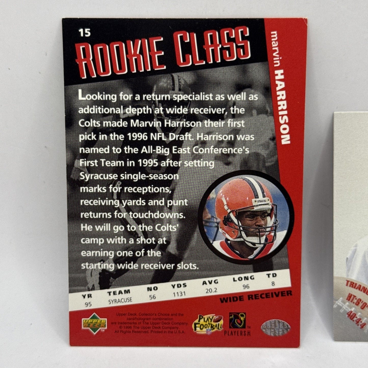 1996 Fleer Football 159 Marvin Harrison Rookie Rc NFL Indianapolis Colts Card