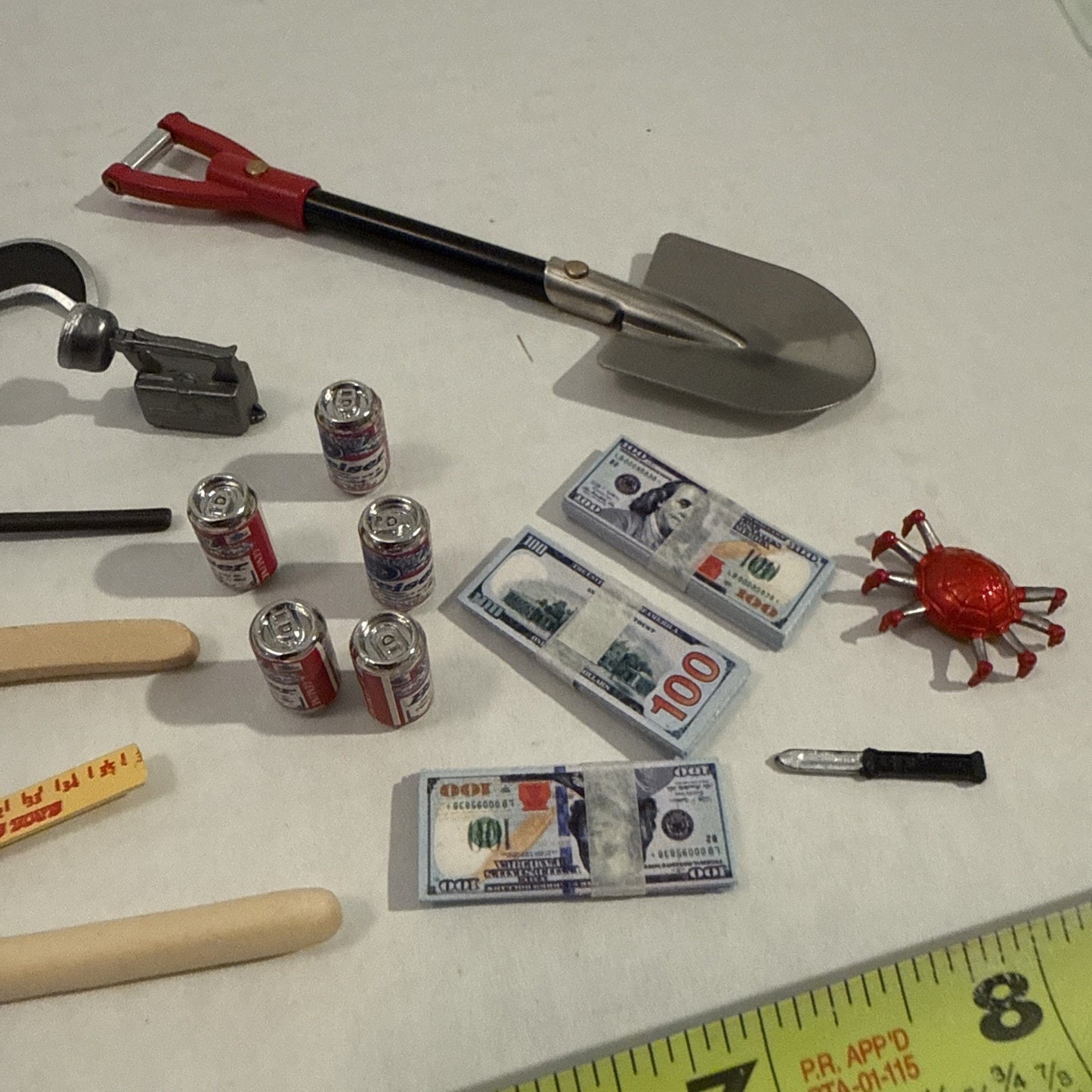 Lot Of Toy Action Figure Weapons, Tools, Play Money - Play Set Accessories