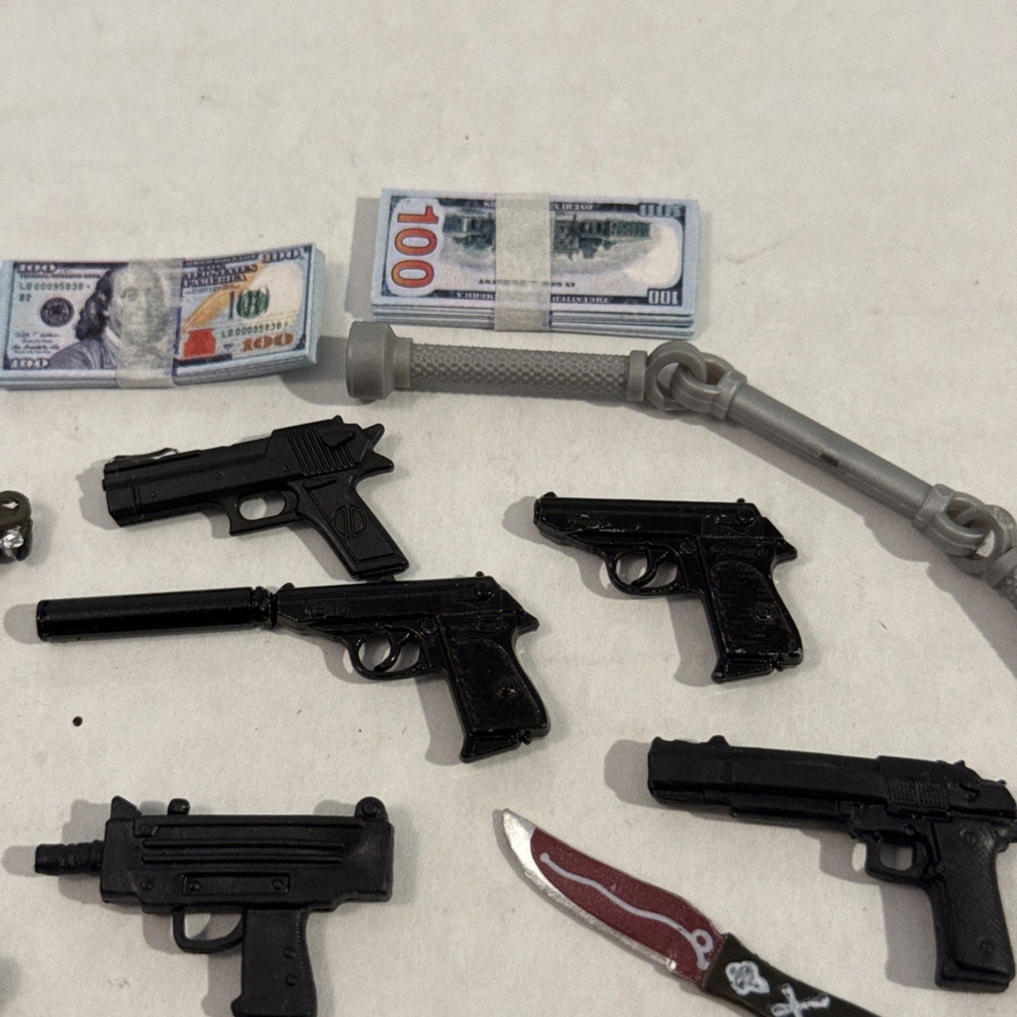 Lot Of Toy Action Figure Weapons, Nun Chucks, Play Money - Play Set Accessories