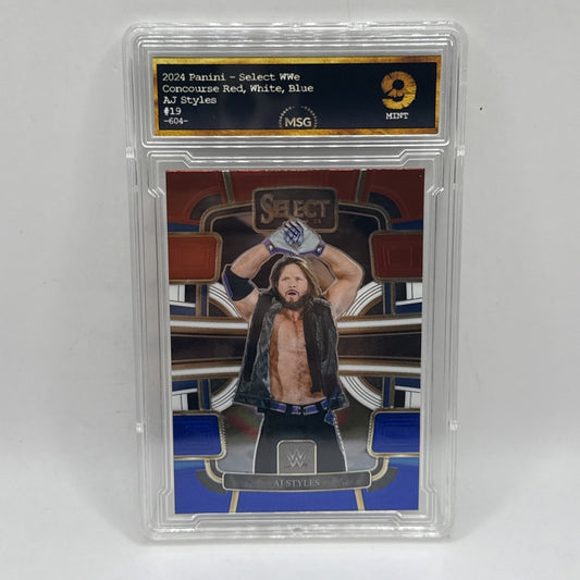 2024 Panini Select WWE - Concourse Red & Blue Prizm #19 AJ Styles Graded 9 Mint