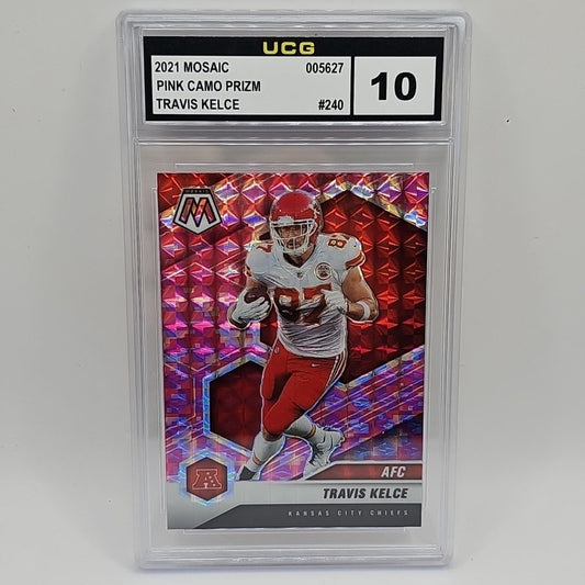 2021 Panini Mosaic Travis Kelce Pink Camo Prizm Chiefs #240 Graded 10 NFL Card