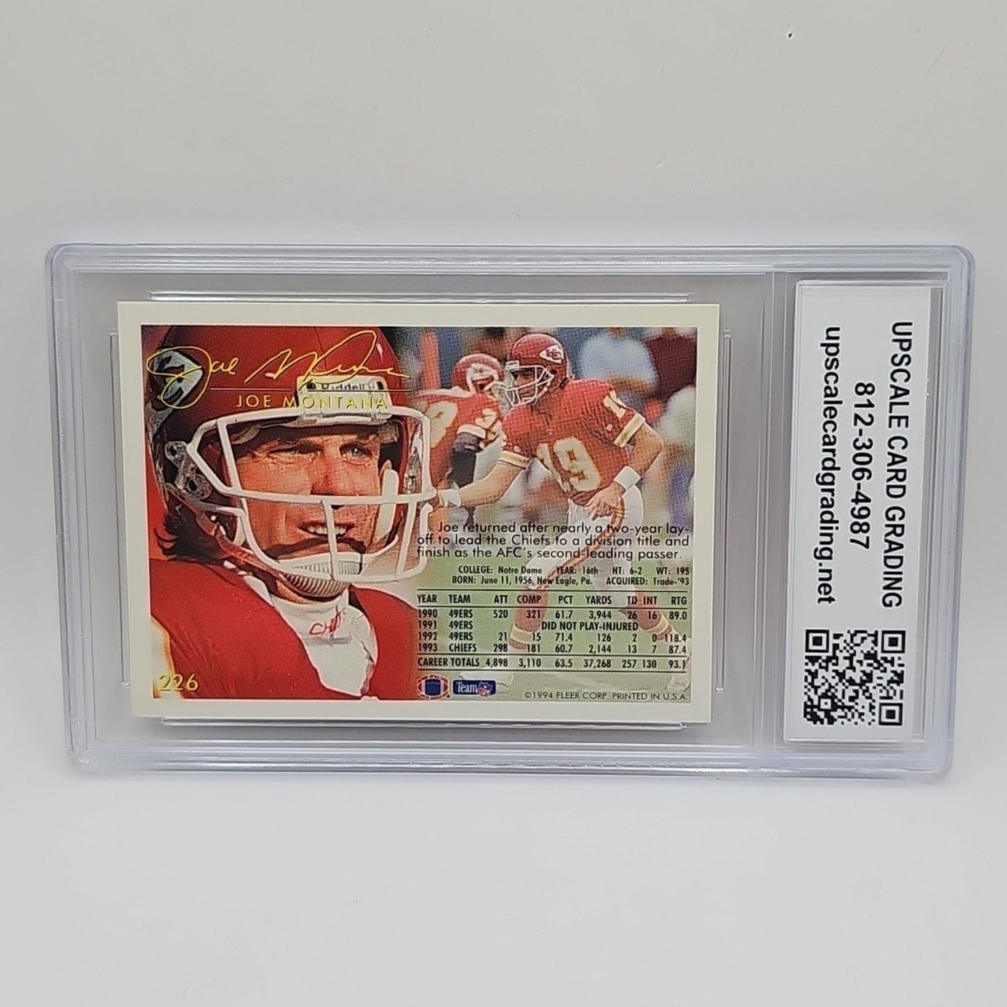 1994 Fleer #226 Joe Montana - NFL Kansas City Chiefs Graded 9 Card Hof