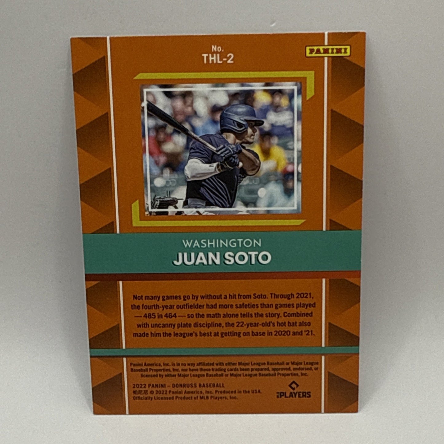 Juan Soto 2022 Donruss The Hit List Rapture Parallel Insert Card No. THL-2