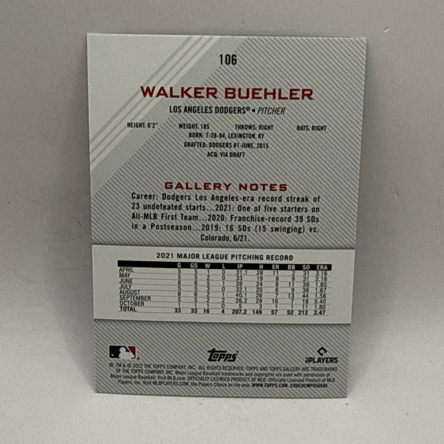 WALKER BUEHLER 2022 TOPPS GALLERY Rainbow Foil #106 MLB Dodgers