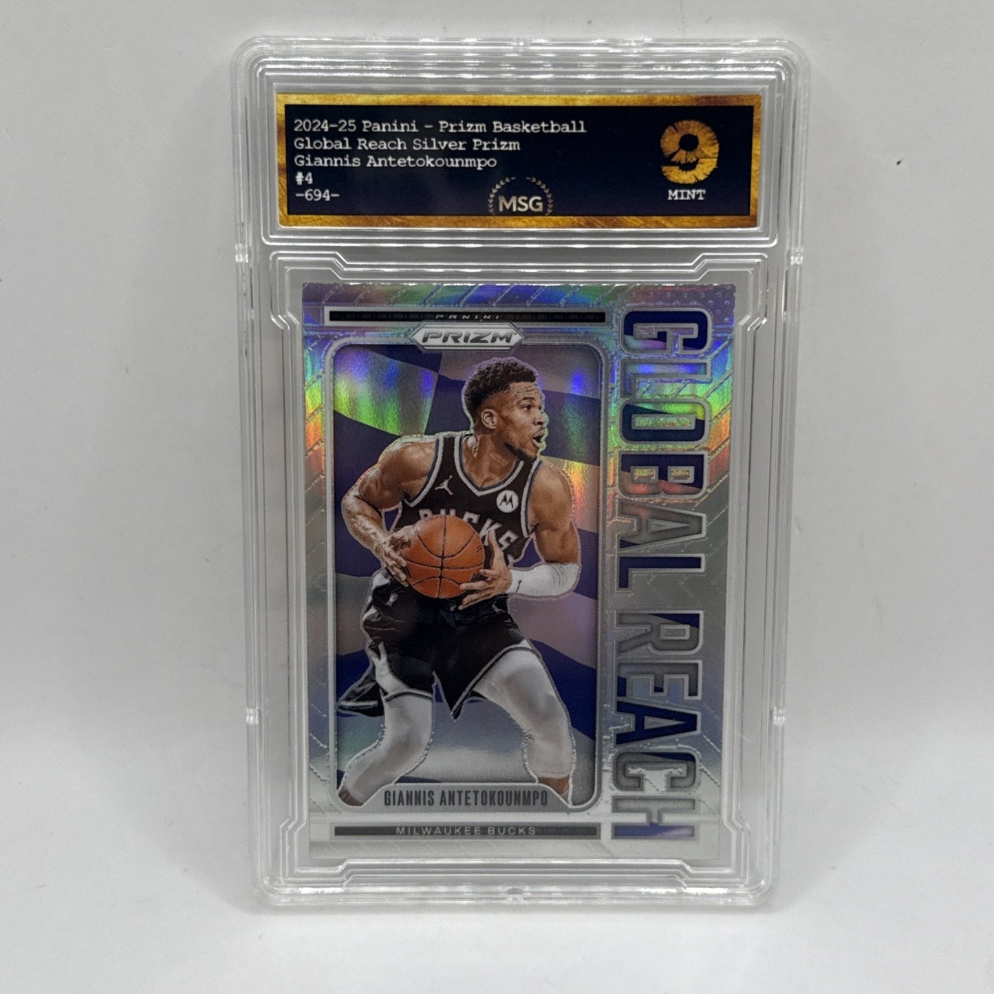 2024-25 Panini Prizm Giannis Antetokounmpo Global Reach Silver Prizm #4 Graded 9