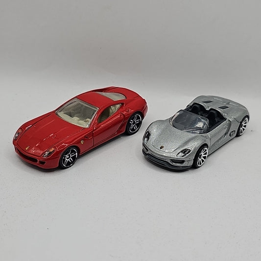 Hot Wheels Ferrari 599 GTB Red, Malaysia & 2012 Hotwheels Porsche 1:64 Scale