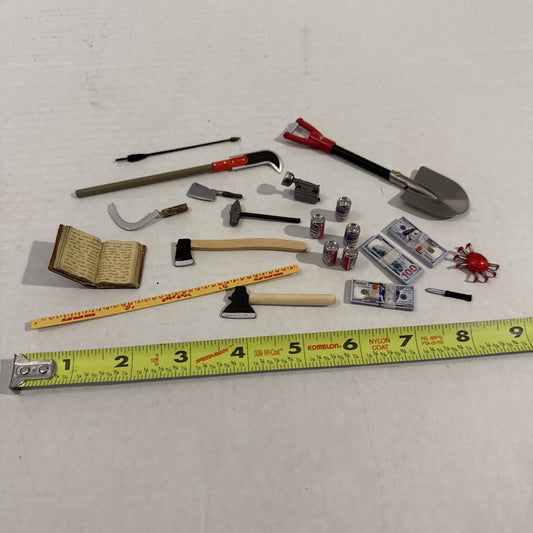 Lot Of Toy Action Figure Weapons, Tools, Play Money - Play Set Accessories