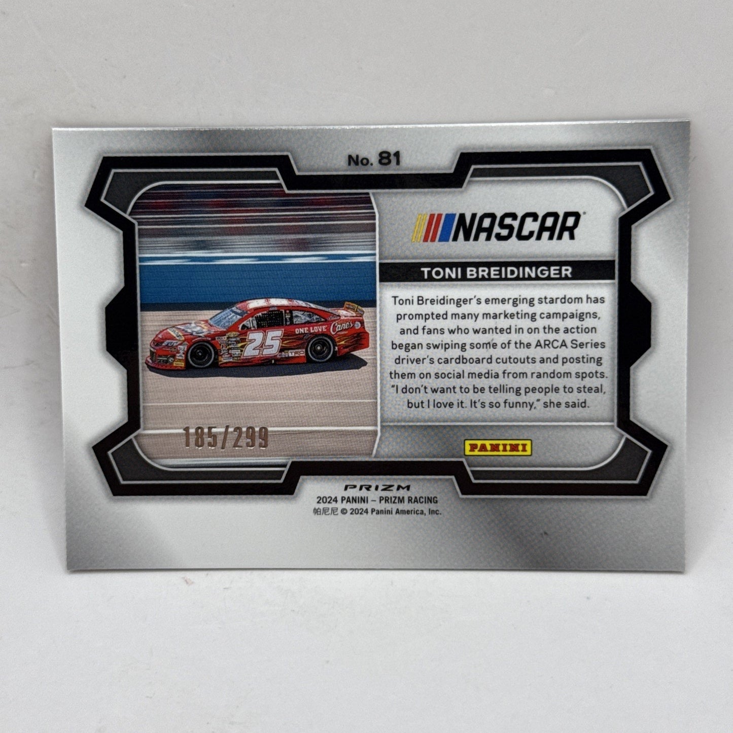 2024 Panini Prizm NASCAR Racing “Rides” 81 Toni Breidinger Red Prizm SP /299