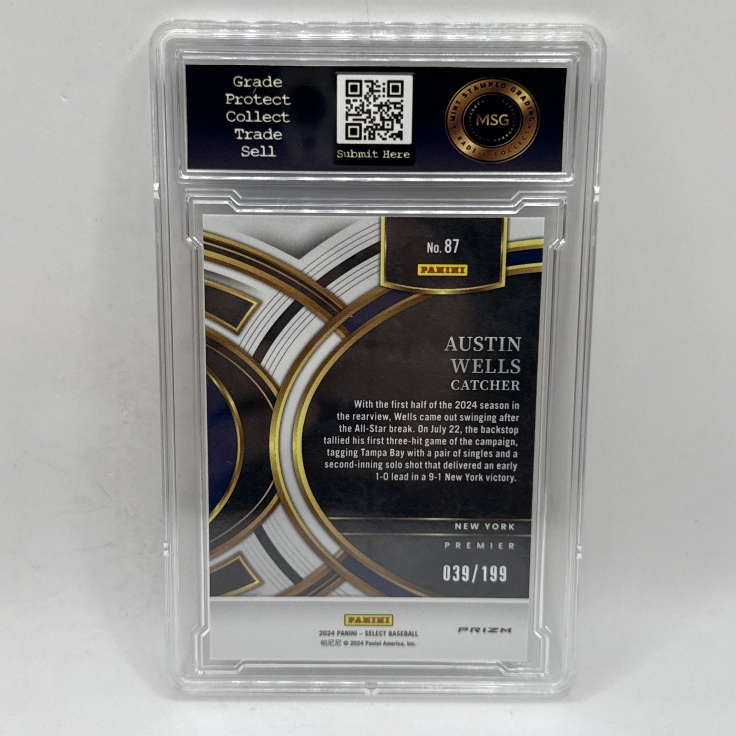 2024 Panini Premier Level Rookie RC Blue Prizm /199 Austin Wells #87 Graded 10