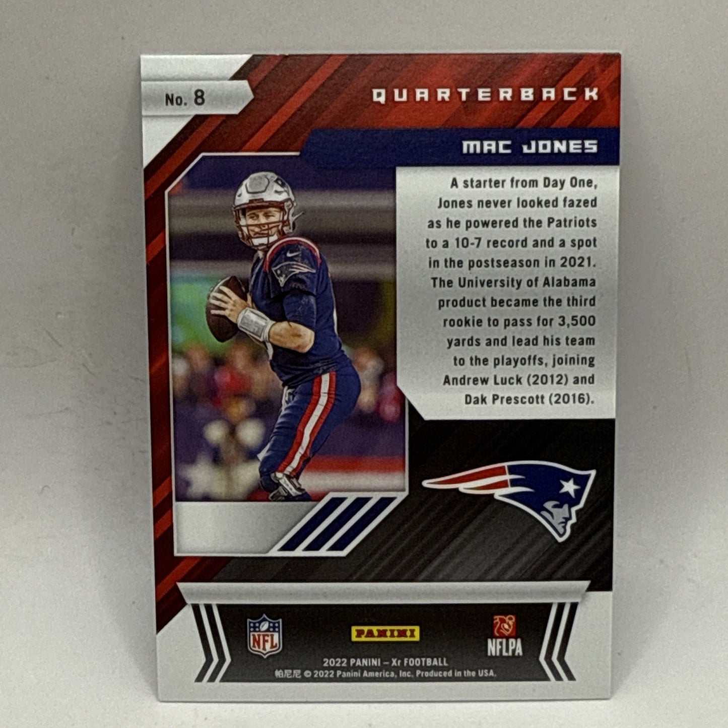 2022 Panini XR Mac Jones Blue Parallel /199 NFL New England Patriots Card