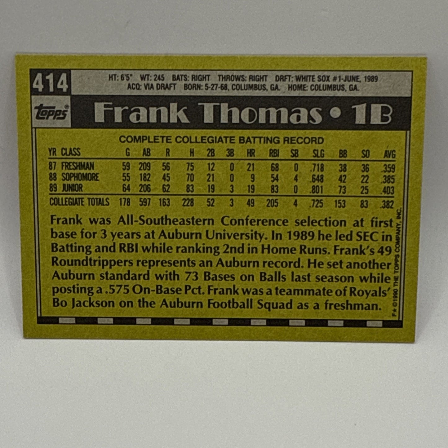 Frank Thomas 1990 Topps #414 Rookie Card #1 Draft Pick Auburn/White Sox