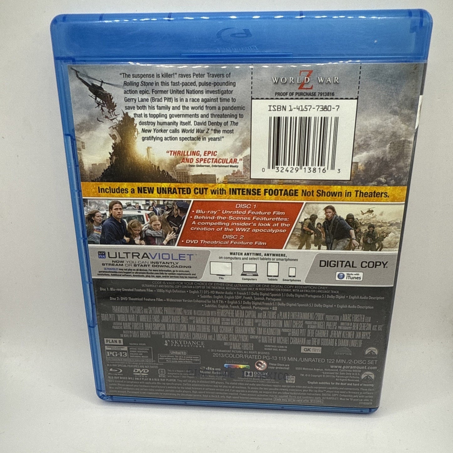 World War Z Blu-ray Unrated Brad Pitt With Intense Footage Not Shown In Theaters