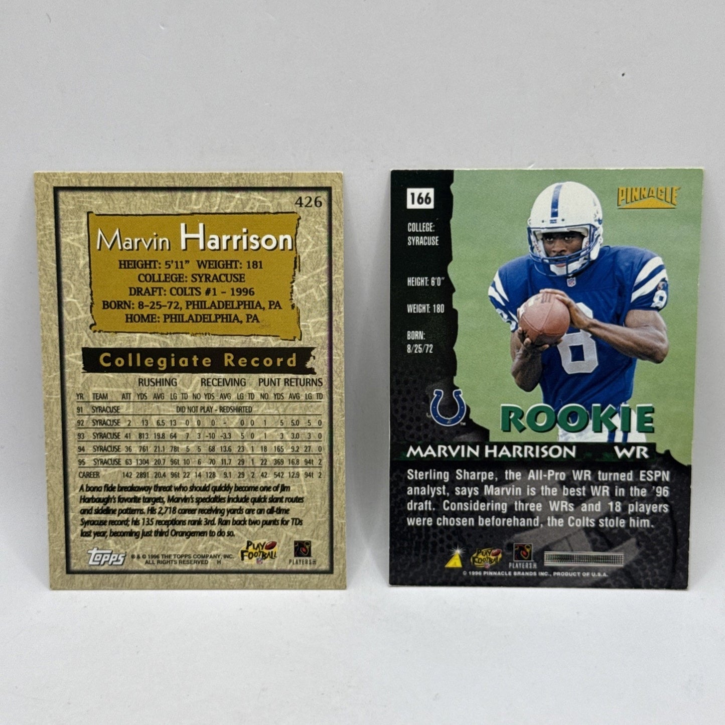 1996 TOPPS FOOTBALL ROOKIE #426 MARVIN HARRISON RC INDIANAPOLIS COLTS 2 CARD