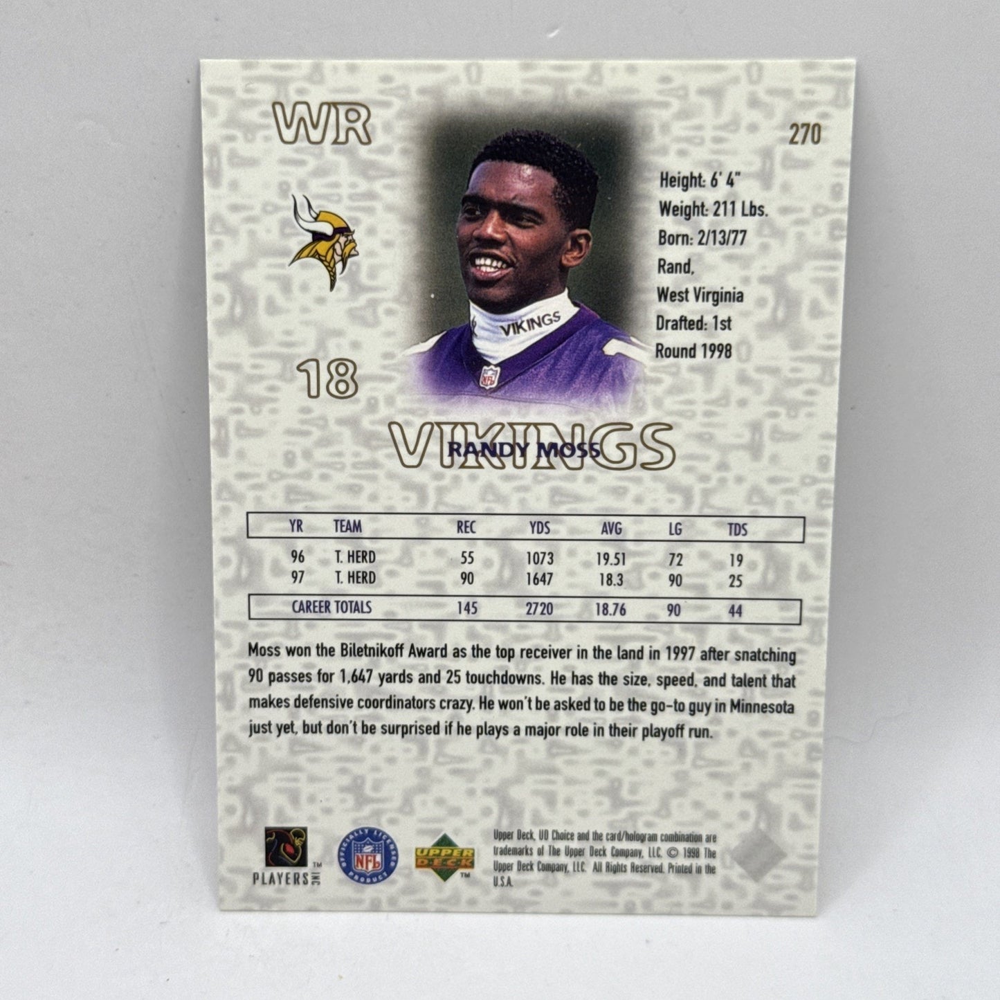 1998 UD Choice Randy Moss Domination Next Rookie Card #270 HOF! Vikings NFL Card