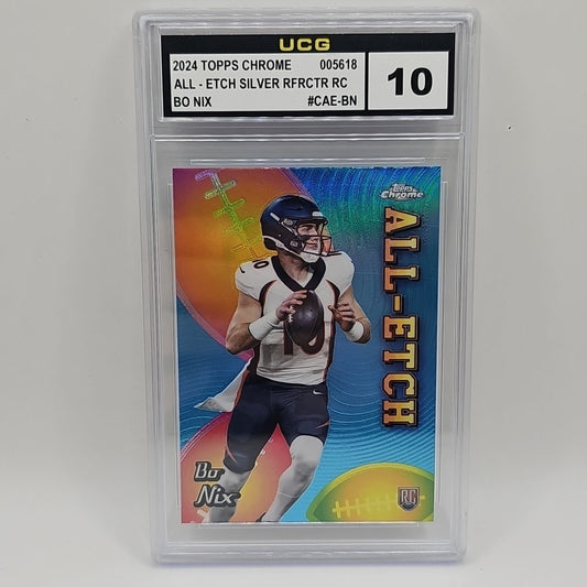 2024 Topps Chrome All-Etch Bo Nix Silver REFRACTOR Graded 10 NFL Card