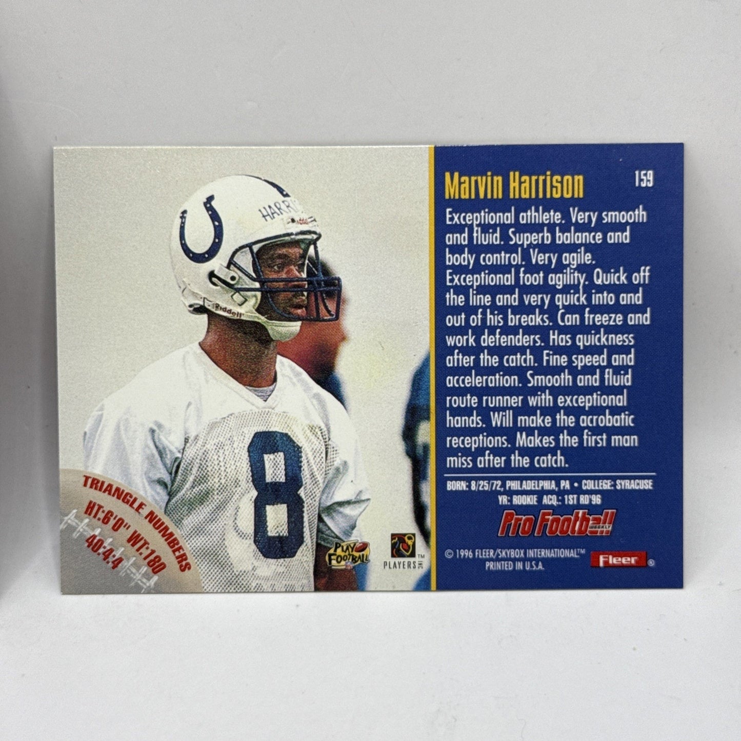 1996 Fleer Football 159 Marvin Harrison Rookie Rc NFL Indianapolis Colts Card