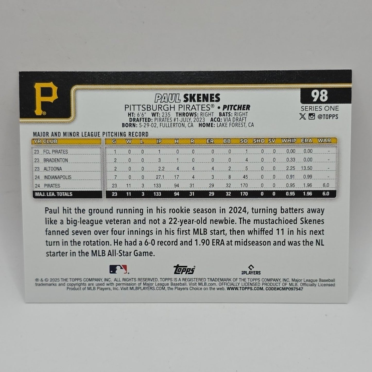2025 Topps #98 Paul Skenes - Pittsburgh Pirates MLB All Star Rookie Card
