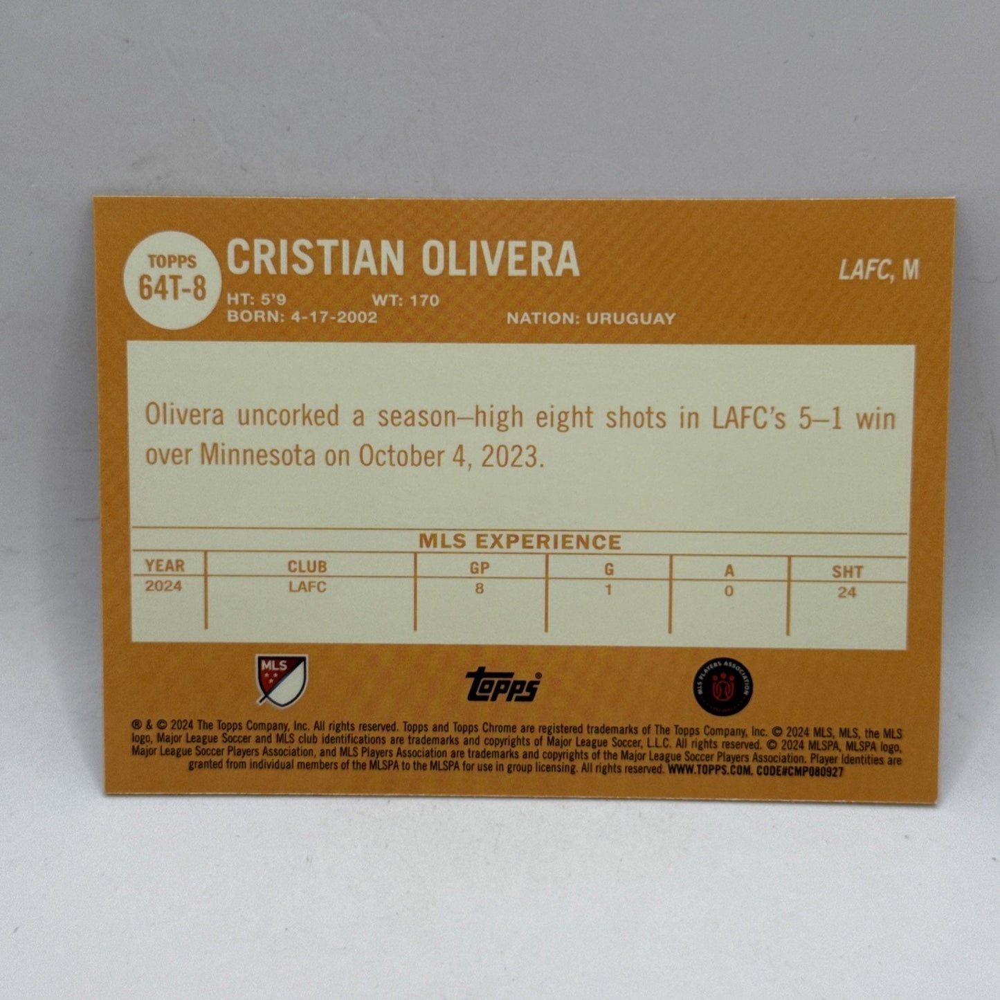 2024 Topps Chrome MLS Cristian Olivera Rookie RC 1964 Refractor #64T-8 LAFC