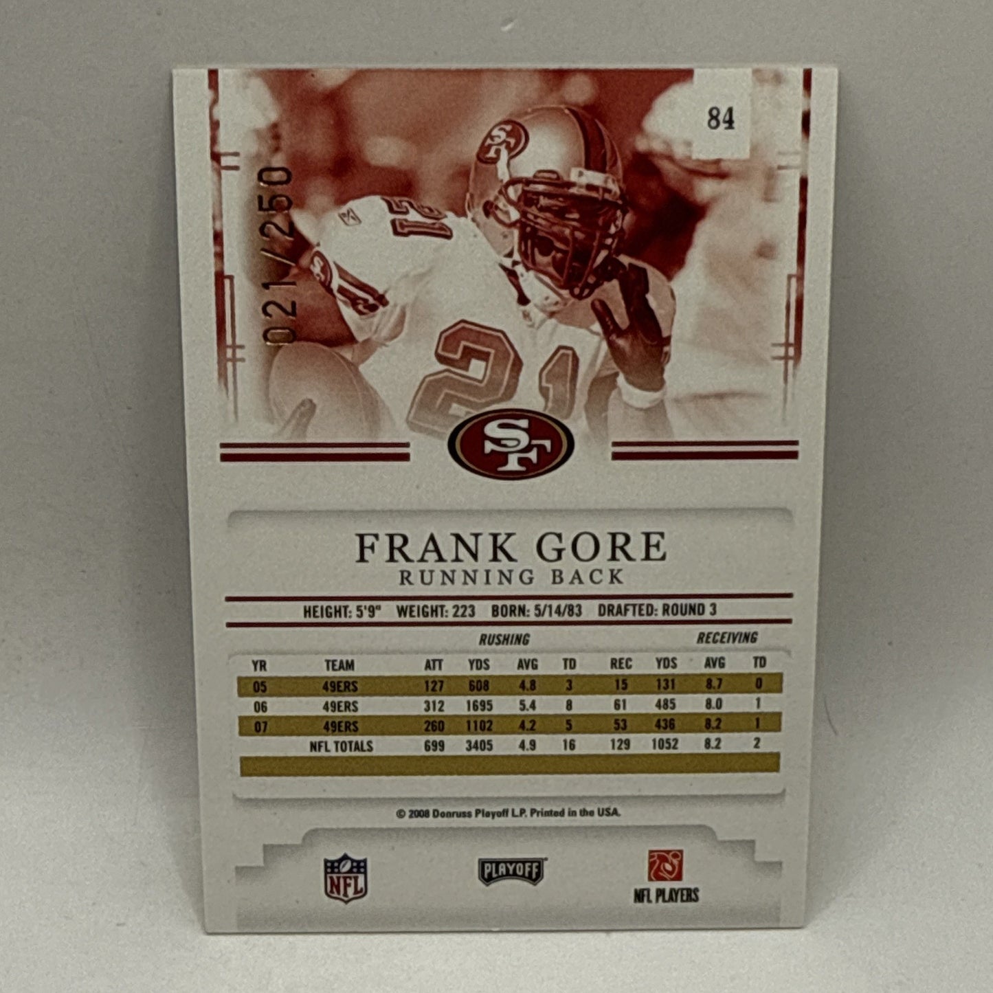 2008 PLAYOFF PRESTIGE XTRA POINTS GOLD #84 FRANK GORE /250 NFL 49ers
