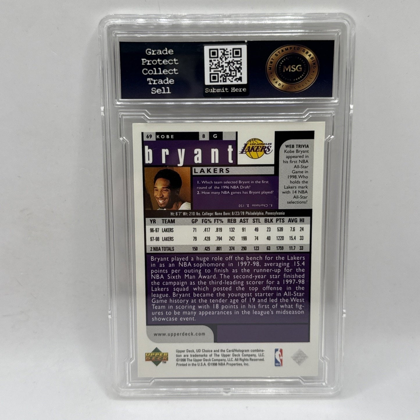 1998-99 UD Choice Preview #69 Kobe Bryant Los Angeles Lakers NBA Graded 9
