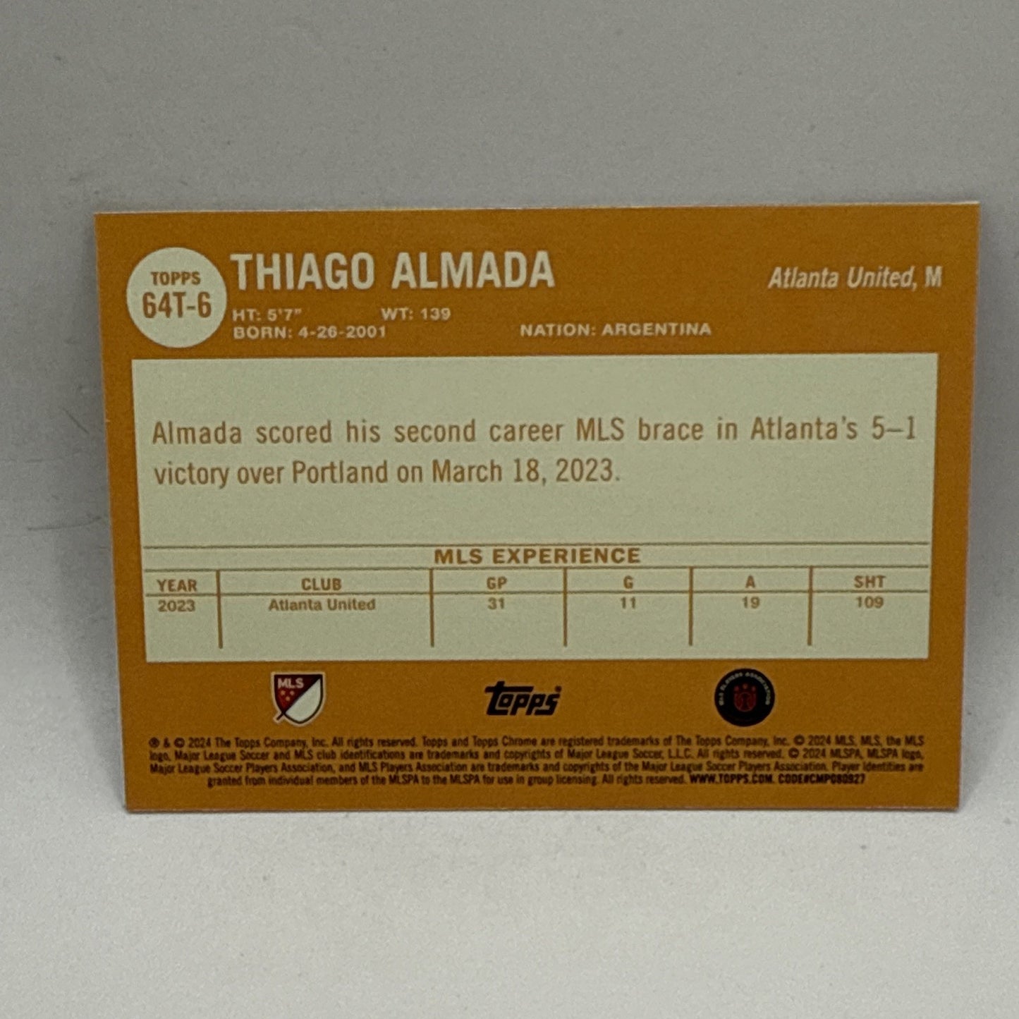 2024 Topps Chrome MLS Thiago Almada 1964 Football #64T-6 Atlanta United