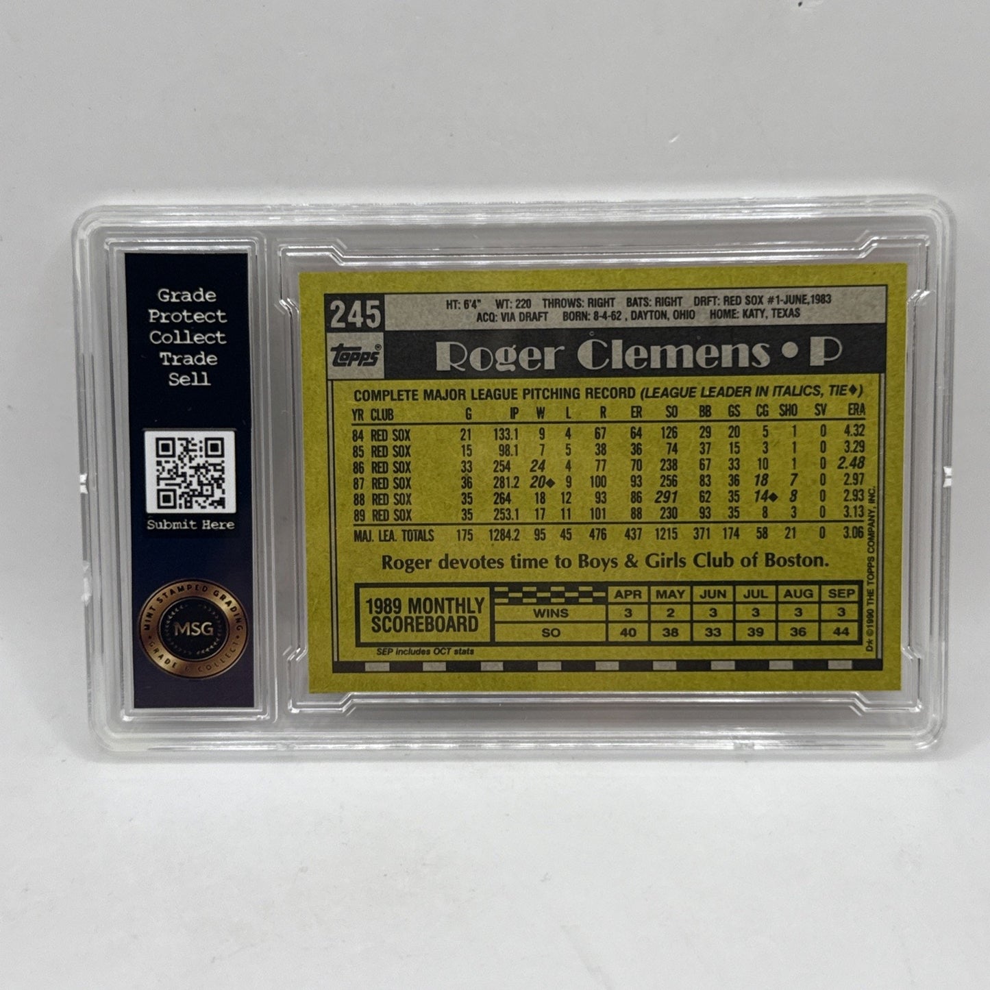 1990 MLB Topps Baseball | Roger Clemens | #245 | Boston Red Sox Graded 5 Vintage