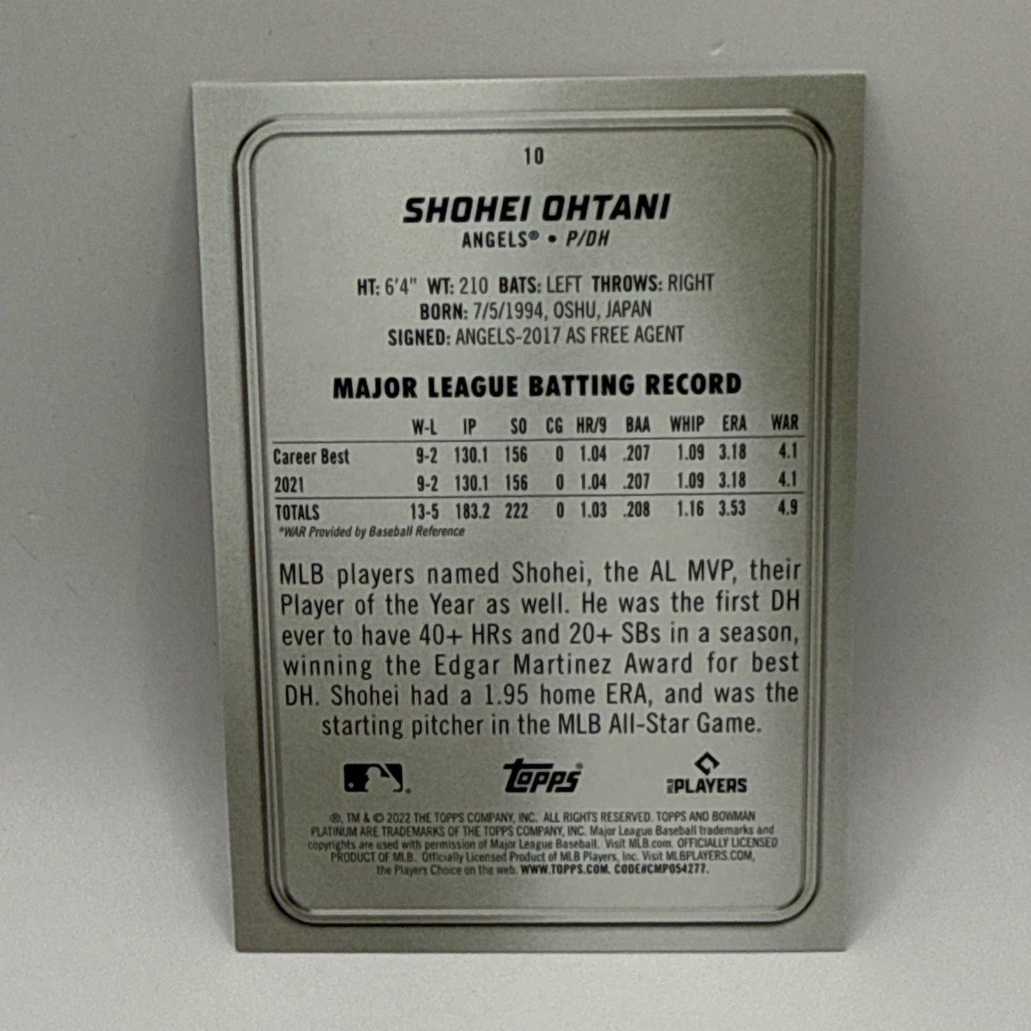 Shohei Ohtani ICE FOIL PARALLEL 2022 Bowman Platinum #10 Los Angeles Angels