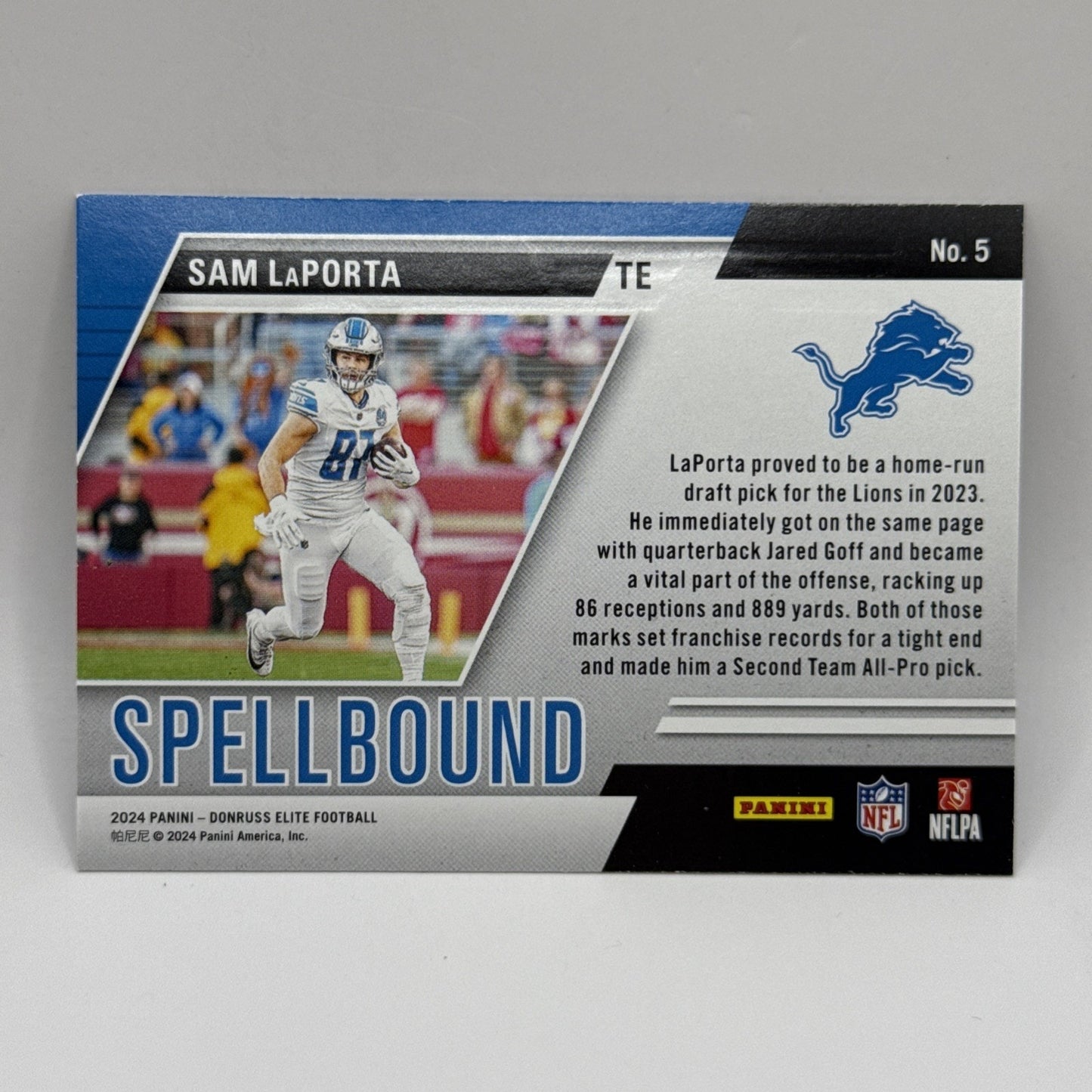 Sam LaPorta 2024 Donruss Elite Spellbound "L” Green Parallel #5 Detroit Lions
