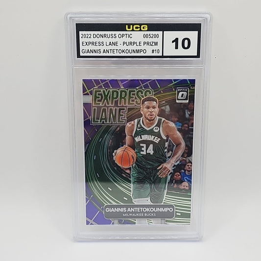 2022 Donruss Optic Express Lane Giannis Antetokounmpo Purple Prizm Bucks Gradednba
