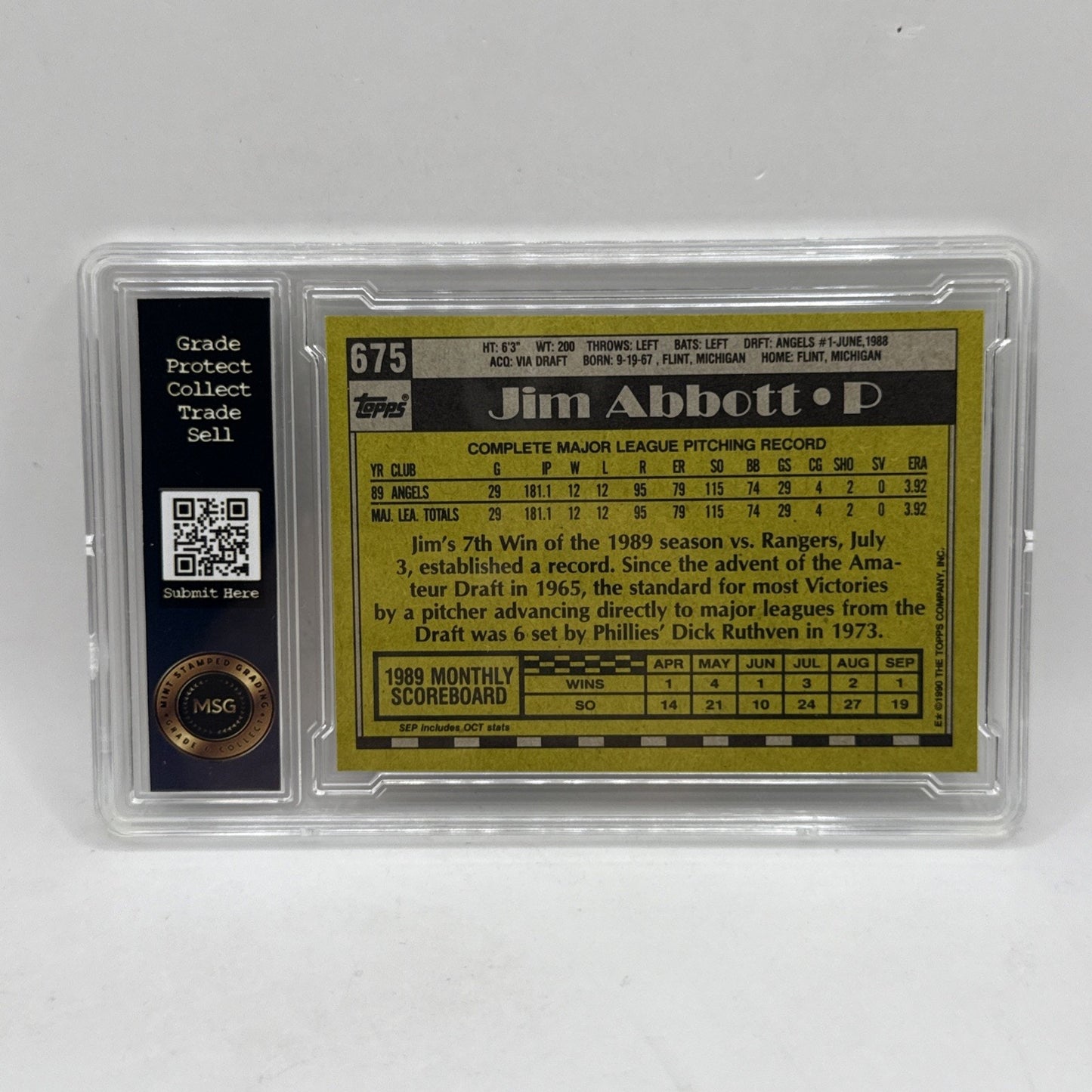 1990 Topps Baseball #675 Jim Abbott - All-Star Rookie Trophy Graded 6 MLB