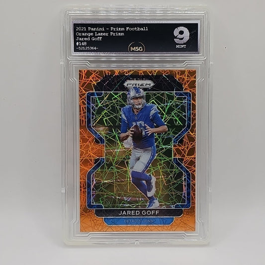 JARED GOFF #148 2021 PANINI PRIZM LIONS ORANGE LAZER GRADED 9 NFL